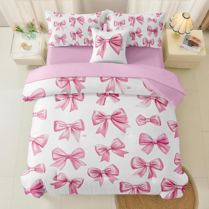 DORCAS Bow Comforter Set Full Bed in A Bag for Girls,6 Pieces Pink Bow Bedding Sets with Sheets for Kids