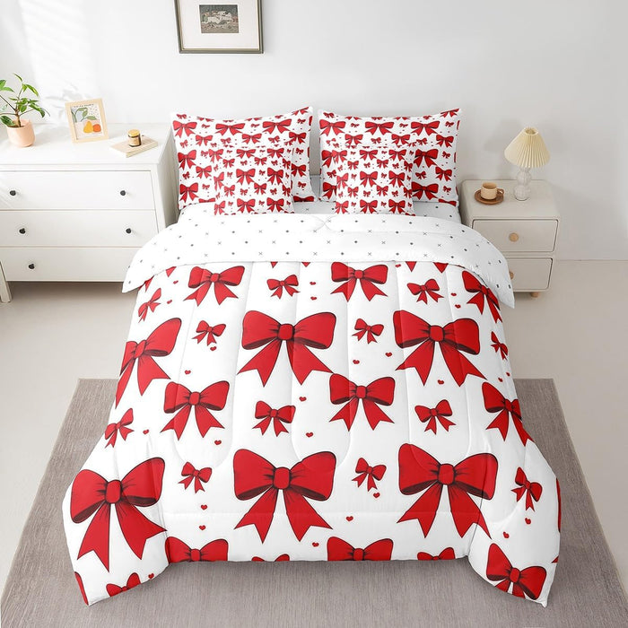 Feelyou Bow Bed Set for Kids Girls Woman Twin Size Cute Coquette Bow Knot 7 Pieces Beeding Set Ultra Soft Bow Pattern Bed in a Bag with Comforter, Sheets, Pillowcases Bow Decor Room Decor Bowknot