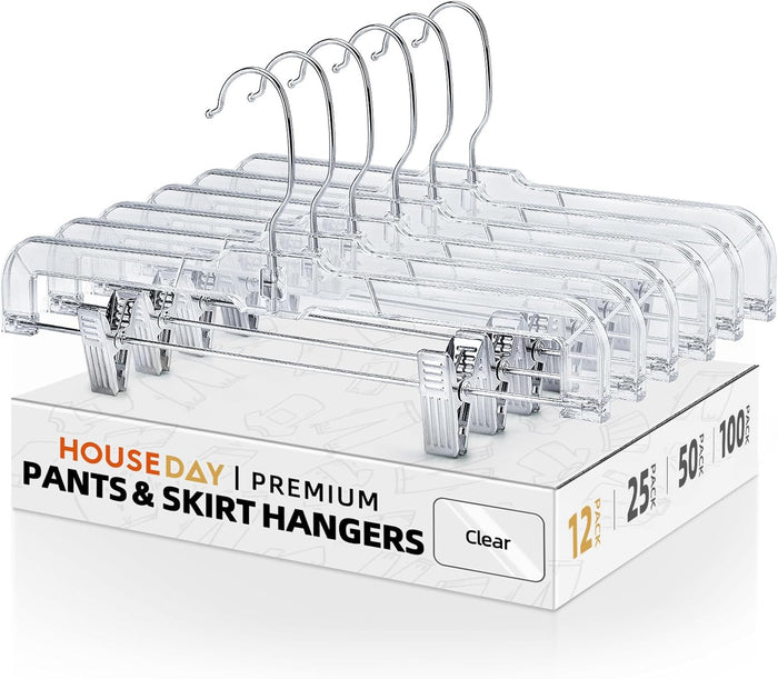 HOUSE DAY Clear Skirt Hangers with Clips 25 Pack, Non-Slip Pants Hangers for Closet, Clip Hanger for Pants, Skirts, Shorts, Troubles, 14'' Clear Plastic Hanger with 360 Swivel Hook