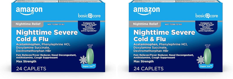 Amazon Basic Care Vapor Ice Day and Night Severe Cold and Flu Relief Caplets, Maximum Strength Medicine, Combo Pack, 48 Count