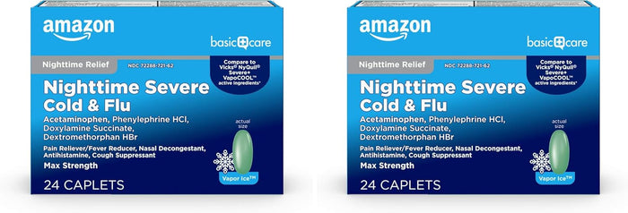 Amazon Basic Care Vapor Ice Day and Night Severe Cold and Flu Relief Caplets, Maximum Strength Medicine, Combo Pack, 48 Count