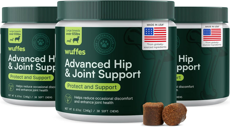 Wuffes Advanced Dog Hip and Joint Supplement with Glucosamine, Chondroitin, Omega 3, MSM, and Green Lipped Mussel, 30 Pork Flavored Chews for Large Dog Breeds