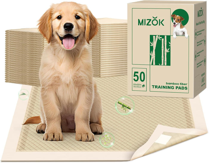 MIZOK Puppy Pads Small 22x22 Pee Pads for Dogs Bamboo Odor Eliminating & 6-Layer Absorbent Leak-Proof Dog Pee Pads Potty Training with Adhesive Tabs, Disposable (100 Counts)
