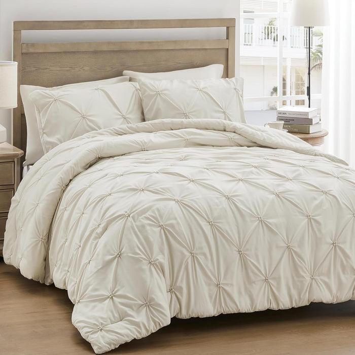 UNIKOME Queen Comforter Set White - Ultra Soft Boho Pintuck Down Alternative Bedding Set for Winter, All Seasons, 3 Pieces Warm Pinch Pleat Solid Bed Set with Comforter, 2 Pillowcases