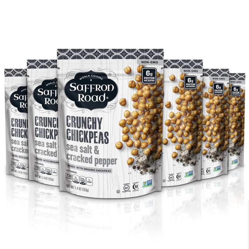 Saffron Road Roasted and Crunchy Sea Salt Chickpeas | High Protein Snacks | Certified Organic, Gluten-free, Vegan, Non-GMO, and Certified Halal and Kosher | 5.4oz Pouch | Pack of 6