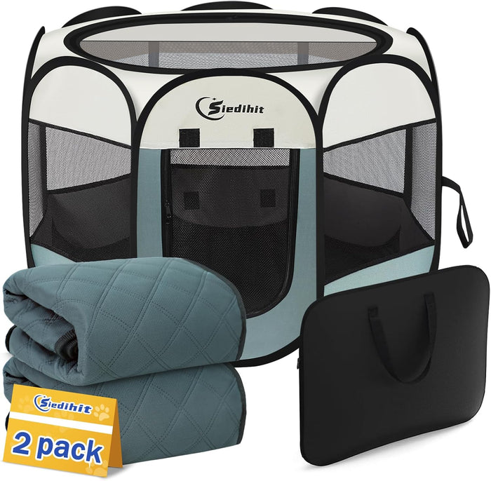Dog Cat Playpen, Puppy Pet Playpen Indoor for Small Dogs Tent Crates Cage Outdoor, Portable Pop Up Dog Kennel Playpen with Carrying Case for Dogs/Cats/Rabbits, Removable Zipper Top, Grey