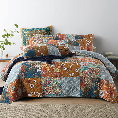 Autumn Dream Cotton Bedspread Quilt Sets Reversible Bedding Coverlet Sets Comforter, Vintage Floral Patchwork Turquoise Bedspread, King Size