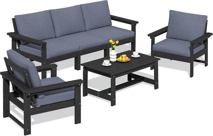 SERWALL HDPE Patio Furniture Set, 7-Piece Outdoor Sectional Sofa Set, All Weather Outdoor Couch Set for Deck, Lawn, Black Frame with Khaki Cushion