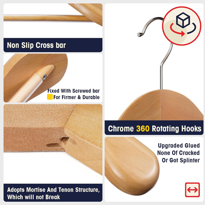 Suit Hangers 6 Pack Wooden Hangers,Heavy Duty Coat Hangers,Wide Shoulder Hangers with Non Slip Pants Holder,Suit Hangers for Men for Women,for Suit,Coat,Jacket,Pants (Natural)