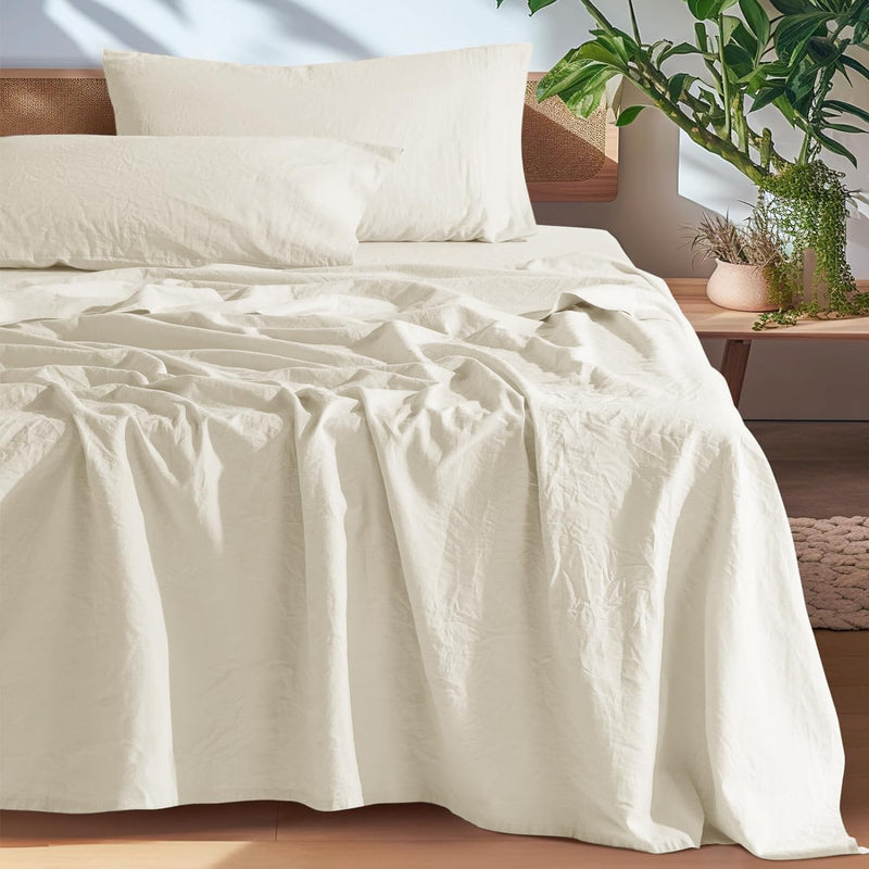 SONORO KATE 100% French Pure Linen Sheets, Breathable and Durable Linen Queen Size Sheets, Anti-Tear Linen Bed Sheets, Machine Washable, 16 Inch Deep Pocket - 4 Piece (Natural Linen, Queen)