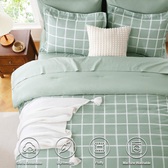 CozyLux King Size Comforter Set Sage Green - 7 Pieces Plaid Bed in a Bag Set, Soft Bed Set King Bedding Sets with All Season Quilted Comforter, Flat Sheet, Fitted Sheet, Pillowcases & Pillow Shams