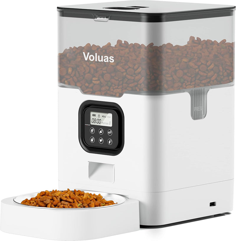 VOLUAS Automatic Cat Feeder – 4L Timed Cat Dry Food Dispenser with Voice Recorder, Dual Power Supply, Programmable Portion Control, Desiccant Bag, Auto Pet Feeder for Cats and Dogs