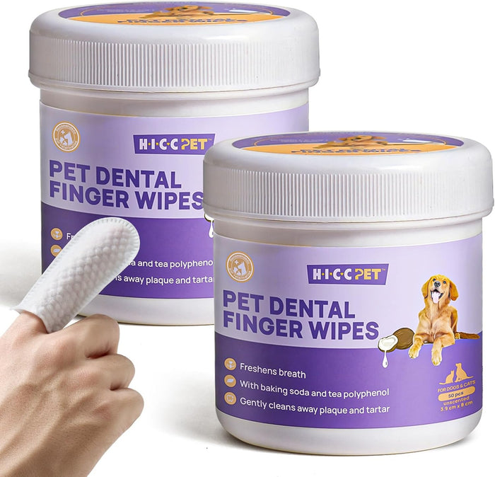 HICC Pet Teeth Cleaning Wipes for Dogs & Cats, Vet-Recommended Remove Bad Breath & Plaque & Tartar Buildup Dog Finger Toothbrush Wipes, Dog Tooth Brushing Kit Remove Stain & Gum Care for Small Animal