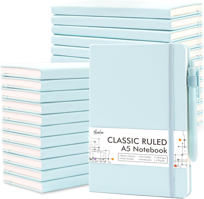 feela 24 Pack Journal Notebook for Work, Business Notebook Bulk Hardcover Lined Writing Journal with Pen Holder for Men Women Note Taking, with 24 Black Pens, 120 GSM, 5.1”x8.3”, A5, Wine
