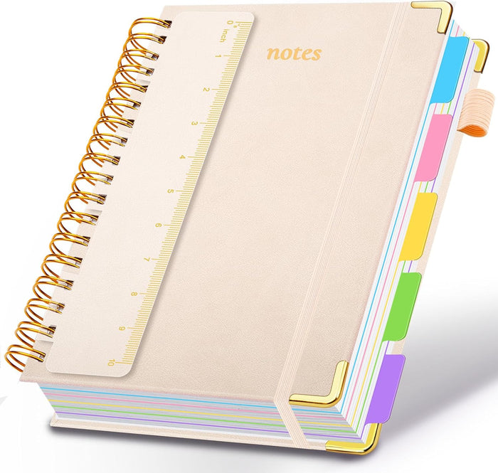 Hardcover Spiral Notebook 8"x10" Journal Notebook with Tabs and Removable Dividers 300 Pages 5 Subject Notebook College Ruled, Faux Leather Spiral Bound Notebook for Women School Work (Purple)