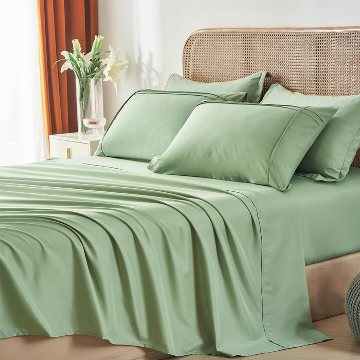 Yogeneg Queen Comforter Set 7 Piece Bed in a Bag,Grid Pinch Pleat Sage Green Bedding Set,Striped Textured Soft Microfiber Comforter with Sheet Set,All Season Complete Bed Set(Sage Green,Queen)