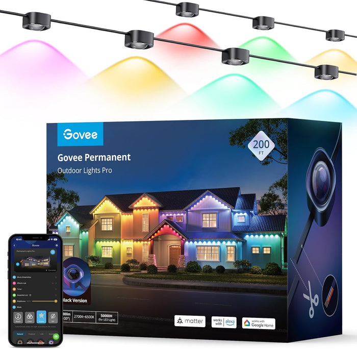 Govee Permanent Outdoor Lights Pro, 200ft with 120 RGBIC LED Lights for Daily and Accent Lighting, 75 Scene Modes for Outdoor Decor, IP67 Waterproof, Works with Alexa, Google Assistant, Matter, White
