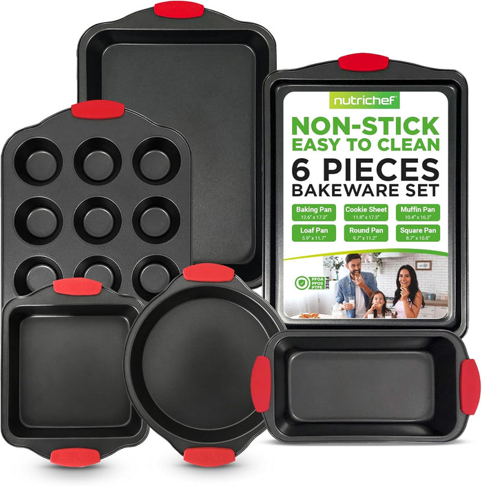 NutriChef 3-Piece Nonstick Kitchen Oven Baking Pans - Premium & Stylish Non-Stick Steel, Commercial Grade Restaurant Quality Metal Bakeware with Red Silicone Handles - Easy to Clean, NCSBS3S