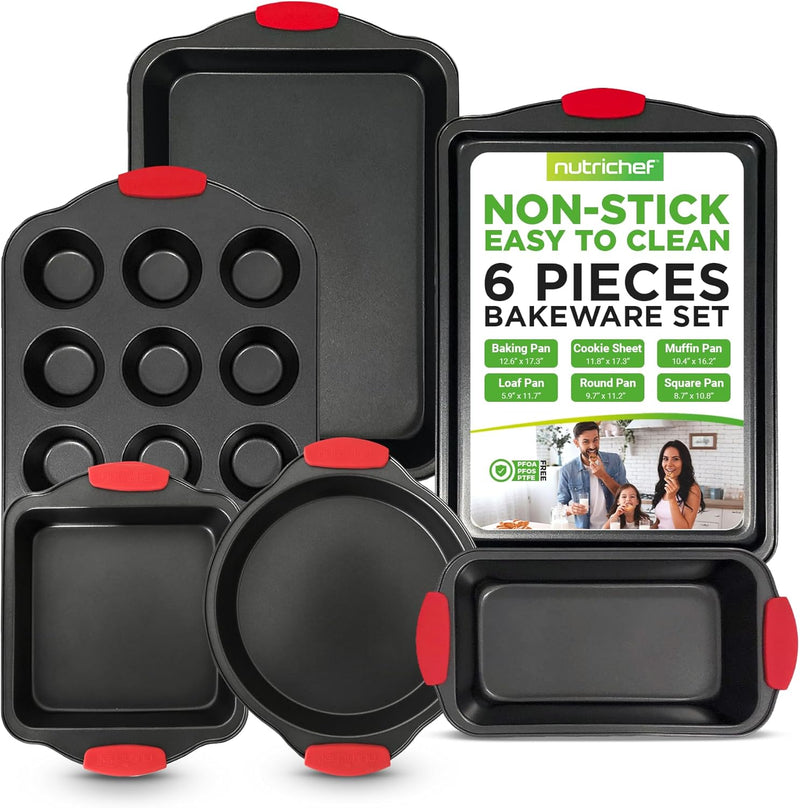 NutriChef 3-Piece Nonstick Kitchen Oven Baking Pans - Premium & Stylish Non-Stick Steel, Commercial Grade Restaurant Quality Metal Bakeware with Red Silicone Handles - Easy to Clean, NCSBS3S