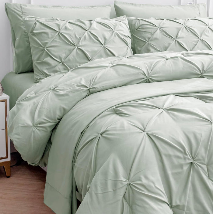 LANE LINEN White Comforter Set with Sheets, 7 Piece Bed in a Bag Queen Size, Pintuck Queen Bed Set, Ultra Soft Bedding Queen Size with Down Alternative Comforter, Sheets, Pillowcases & Shams - White