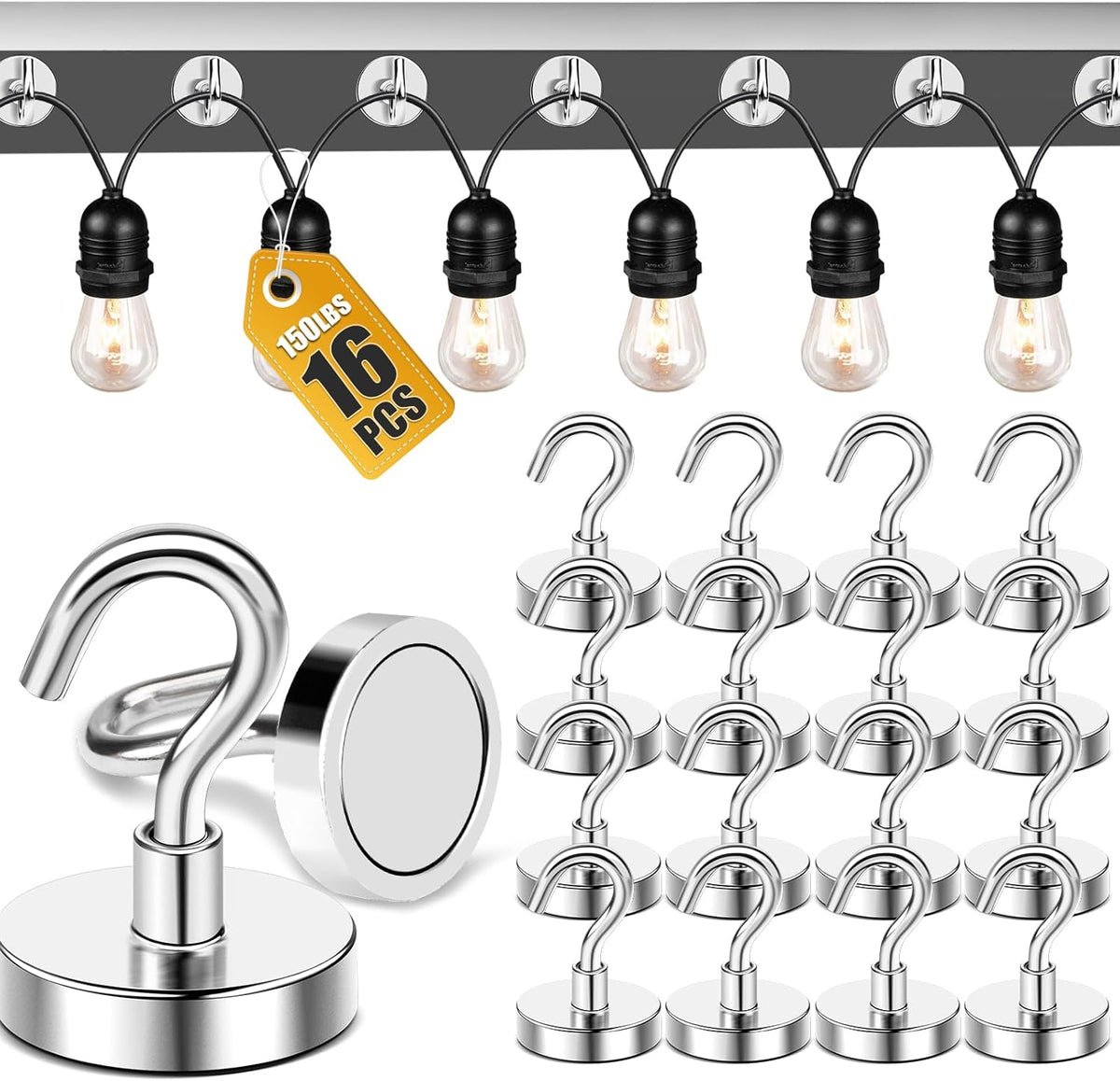 DIYMAG Hooks for Hanging String Lights, 30lbs 2025 Cruise Cabin Ship Essentials N52 Magnetic Hook Heavy Duty Strong Magnets Fridge for Classroom Beach Vacation Kitchen Grills 6 Pack Silver