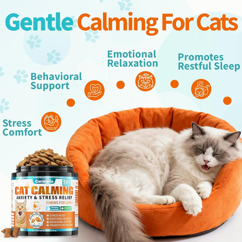 Cat Calming Treats, 500 Crunchy & Creamy Calming Cat Treats with Melatonin, Chamomile for Cats Stress and Anxiety Relief - Travel, Boarding, Vet Visits, Separation Anxiety, Chicken and Krill Flavored