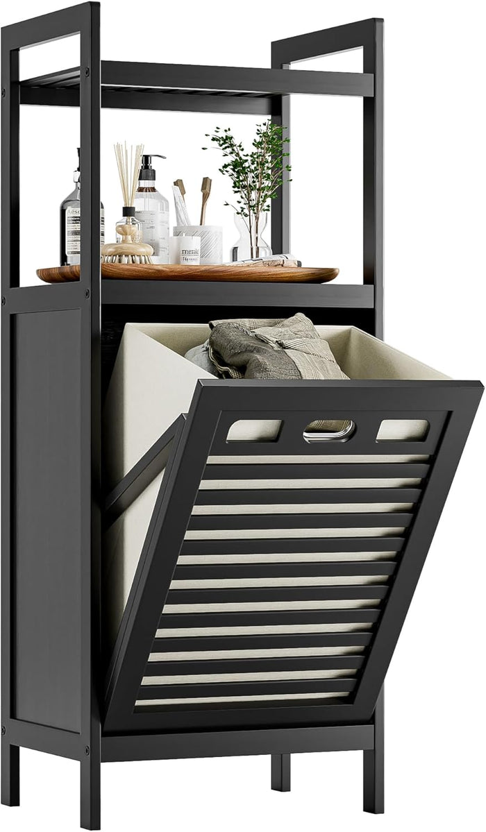 HITNET Bamboo Tilt Out Laundry Hamper, Bathroom Storage Cabinet with Hidden Removable Basket and 2 Open Shelves, Space Saving Bamboo Storage for Clothes, Towels and Toys, Walnut