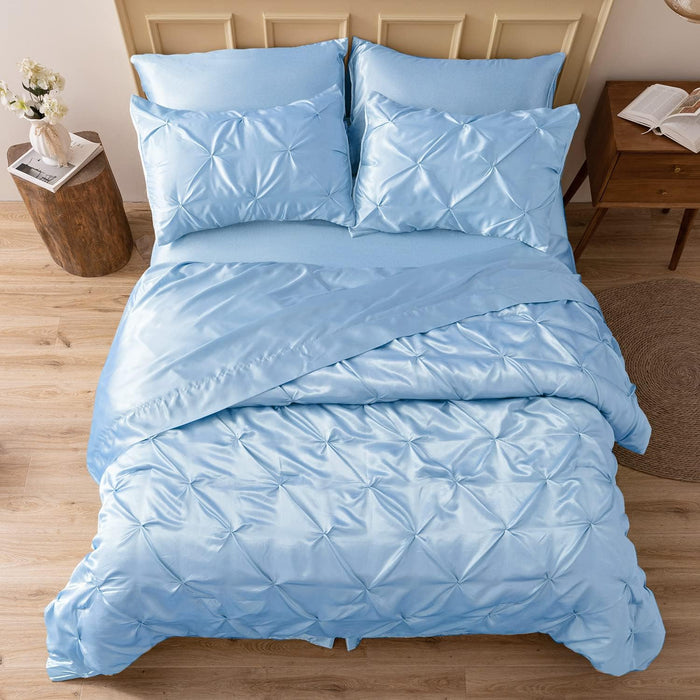 MR&HM Satin Comforter King 7 Pieces - Luxurious Pinch Pleat Bedding Set with Comforter, Flat Sheet, Fitted Sheet, Pillowcases & Shams, Super Silky Soft Bed Set for All Season (King, Black)