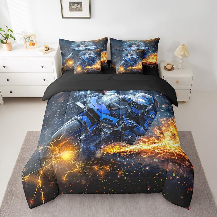 Feelyou Motocross Rider Bed Set for Kids Boys Girls Twin Size Extreme Sports 7 Pieces Beeding Set Ultra Soft Dirt Bike Bed in a Bag with Comforter, Sheets, Pillowcases Racing Themed Room Decor