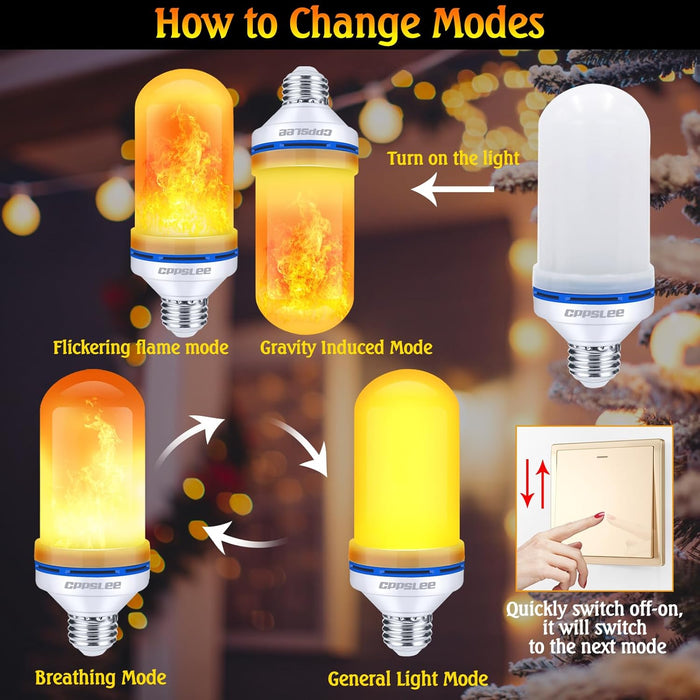 CPPSLEE LED Flame Light Bulbs, 4 Modes Flickering Light Bulbs, E26 Base Fire Flame Bulb for Halloween Christmas Decorations Patio Outdoor Indoor Home Decor (Yellow, 2 Pack)