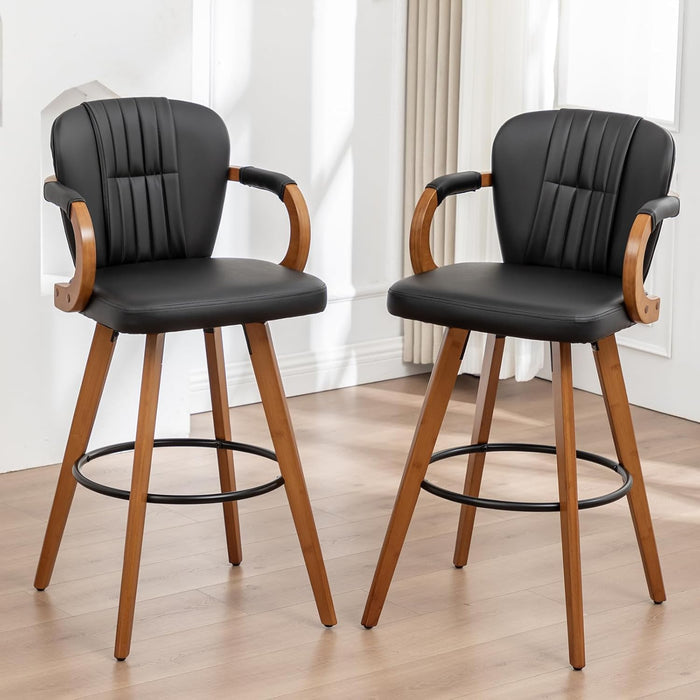 26" Swivel Counter Height Bar Stools with Back, White Faux Leather Kitchen Island Bar Chairs with Arms,Spliced Pleated Wingback Barstools for Bar/Kitchen/Dining Room,Set of 3