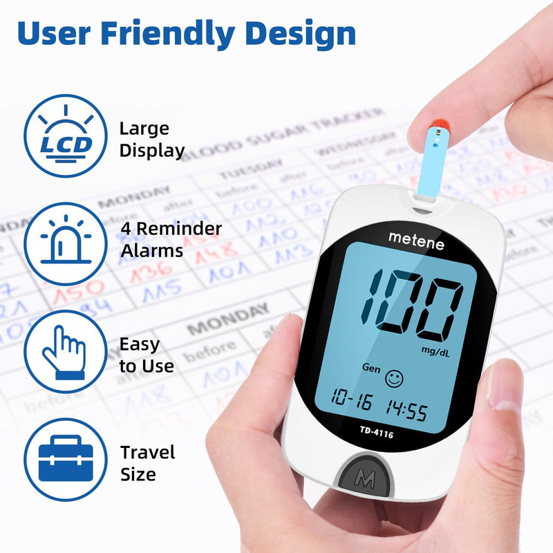 Metene TD-4116 Blood Glucose Monitor Kit, 100 Glucometer Strips, 100 Lancets, 1 Blood Sugar Monitor, Blood Sugar Test Kit with Control Solution, Lancing Device, No Coding, Large Display