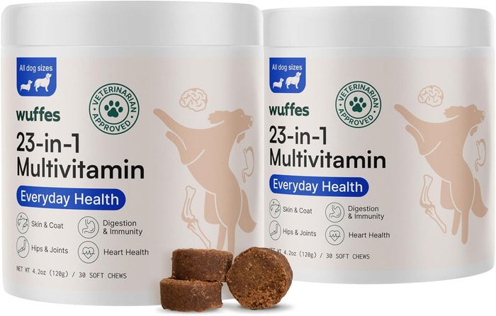 Wuffes 23-in-1 Dog Multivitamin Supplement for Hip & Joint, Skin & Coat and Immune System Support with Omega 3, Iron, Zinc, Vitamin C - Minerals & Vitamins for Senior Dogs and Puppies - 30 Soft Chews