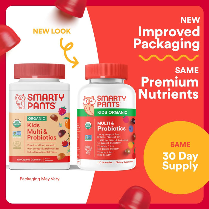 SmartyPants Organic Kids Multivitamin Gummies: Probiotics, Omega 3 (ALA), Vitamin D3, C, Vitamin B12, B6, A, K & Zinc for Immune Support, Biotin, Three Fruit Flavors, 120 Count (30 Day Supply)