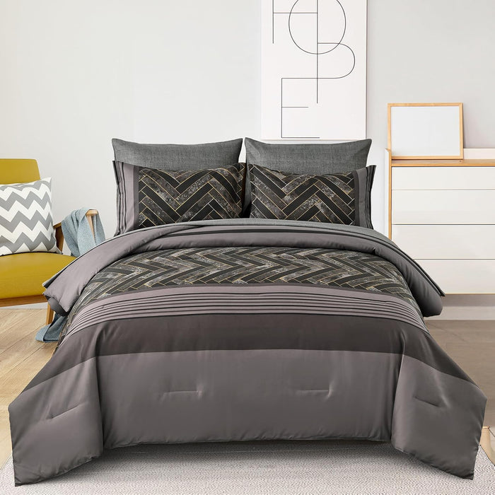 Luxudecor Burgundy Comforter Set Queen Size 7 Pieces Red and Black Stripe Bed in a Bag Geometric Comforter and Sheet Set, Soft Microfiber Complete Bedding Sets for All Seasons