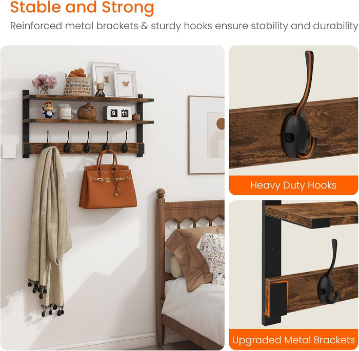 Homode Coat Rack Wall Mount with Shelf, Two-Tier Entryway Wall Shelf with Hooks, 24 in Wood Floating Storage Shelves, Coat Hanger for Hanging Hat Towel Jacket Purse Backpack, Rustic Brown