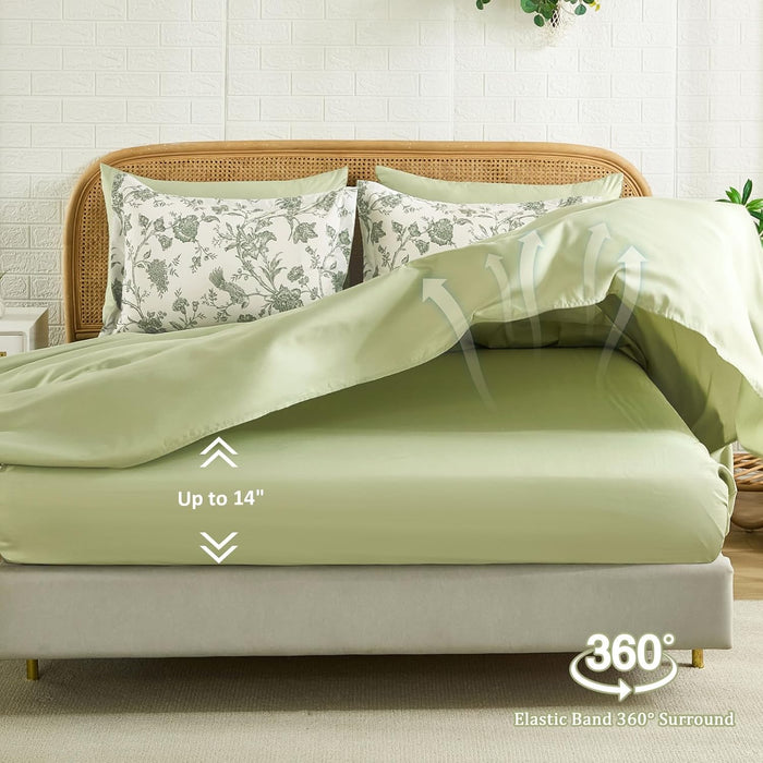 Luxudecor Floral Queen Comforter Set 7 Pieces Bed in a Bag, Sage Green Flower with Bird Bedding Set, Soft Reversible Comforter with Sheet Set 90"x90"