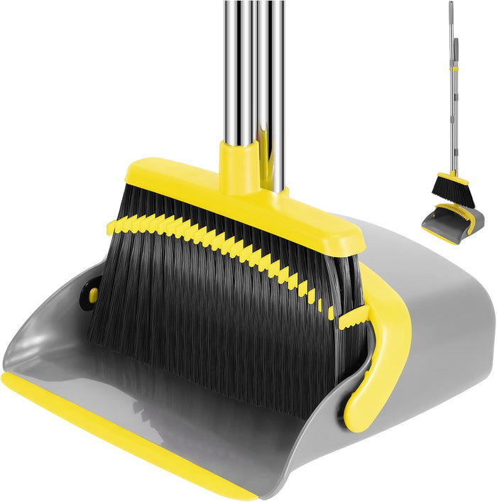 NACENA Broom and Dustpan Set, 52-in Long Adjustable Handle Broom Dustpan Combo with Dustpan Teeth to Automatically Clean Hair Suitable for Home Kitchen Office Hall Floor（Black&Red）