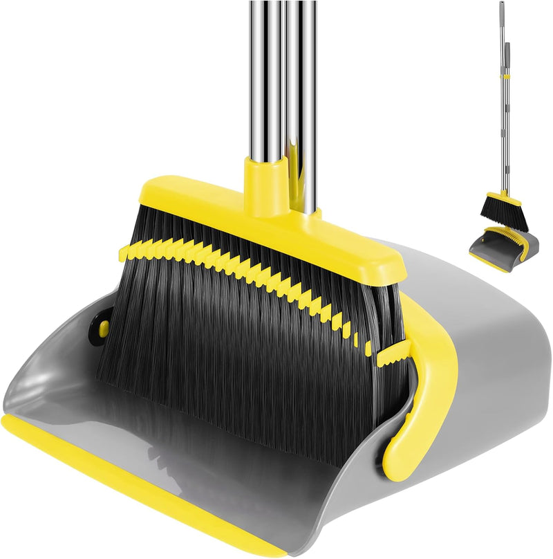 NACENA Broom and Dustpan Set, 52-in Long Adjustable Handle Broom Dustpan Combo with Dustpan Teeth to Automatically Clean Hair Suitable for Home Kitchen Office Hall Floor（Black&Red）