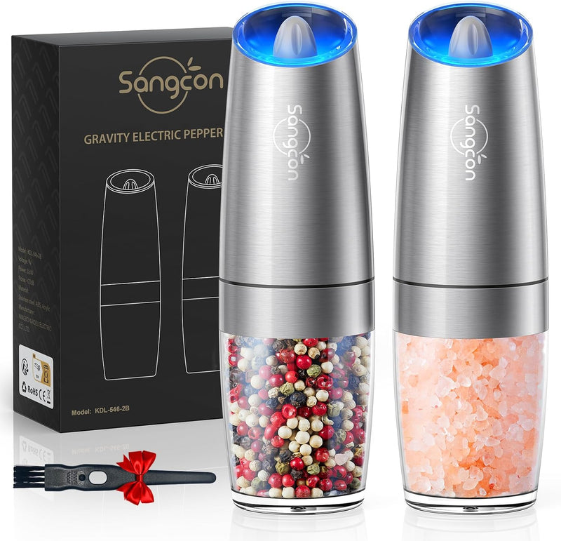 Sangcon Gravity Electric Salt and Pepper Grinder Set Automatic Shakers Mill Grinder with LED Light, BATTERY POWERED Adjustable Coarseness One Hand Operation, Upgraded Larger Capacity