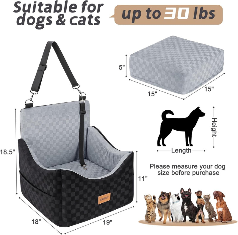 JOEJOY Elevated Dog Car Seat for Small/Medium Dogs up to 35 lbs, Memory Foam Pet Booster Seat with Detachable Washable Cover, Portable Travel-Safe Bed for Cars with Safety Belts and Storage Pockets