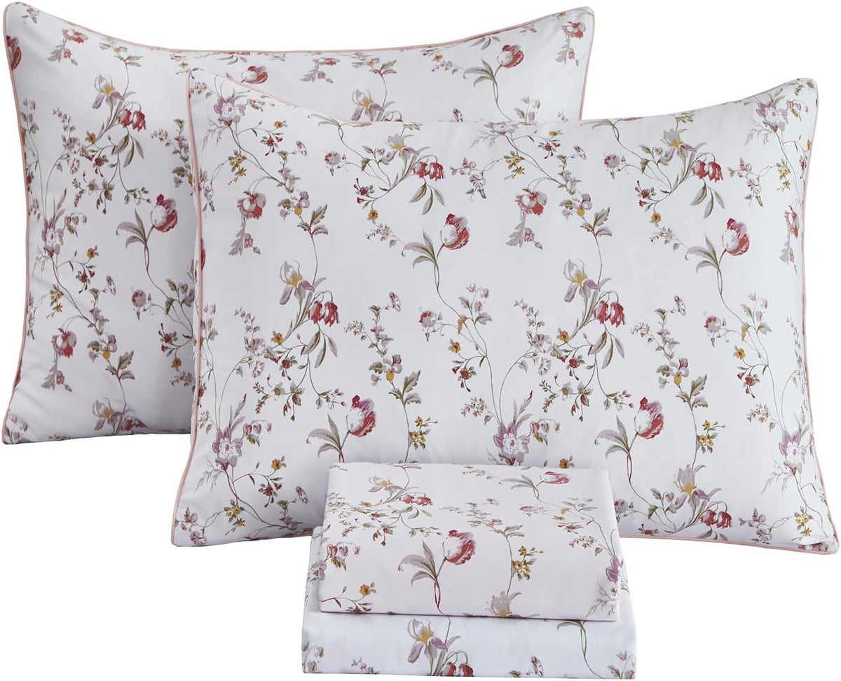 FADFAY Shabby Floral Bedding Elegant Peony Sheets Set Luxury Bedding Collections 100% Egyptian Cotton Deep Pocket, 4 Piece-King Size