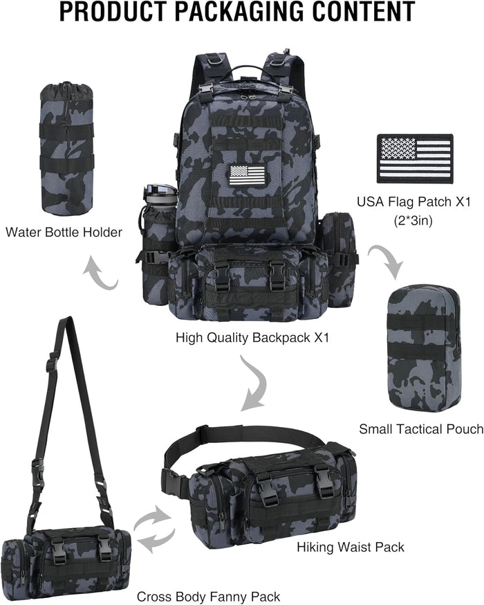 NOOLA 60L Military Tactical Backpack for Men Army 3 Day Assault Pack Large Camping Detachable Rucksack with Bottle Holder
