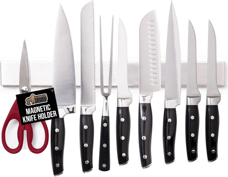 GORILLA GRIP Stainless Steel Magnetic Knife Holder for Wall, Multi-Purpose Magnet Bar for Knives, Tools, Art Supplies, Heavy Duty Strip Holds Up to 6 lbs, Kitchen Organizer, Drilling Required, 10 Inch