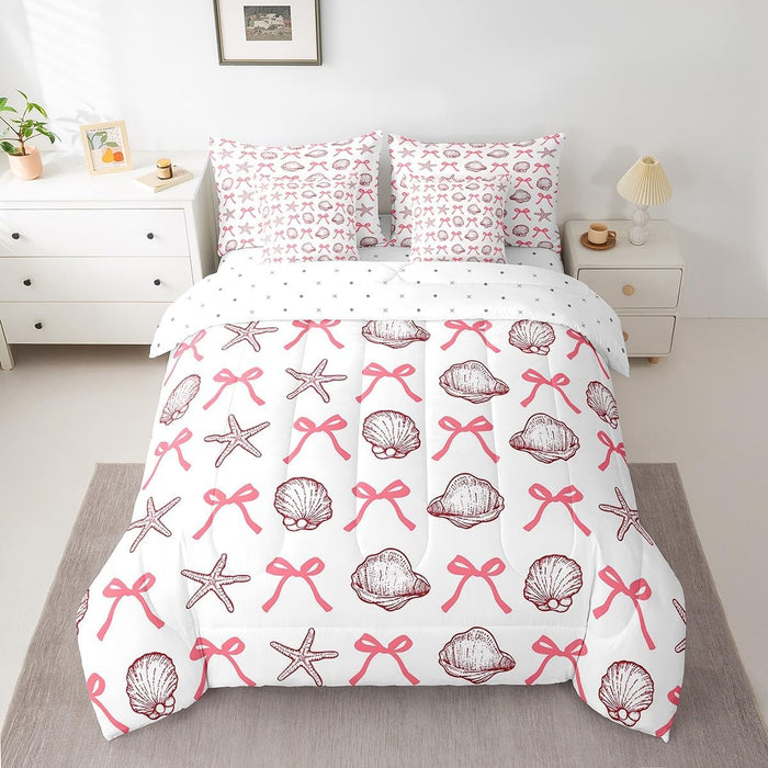 Feelyou Bow Bed Set Boys Kids Girls Twin Size Bow Pattern 7 Pieces Beeding Set Ultra Soft Cute Coquette Bow Knot Bed in a Bag with Comforter, Sheets, Pillowcases Girly Room Decor Bow Decor