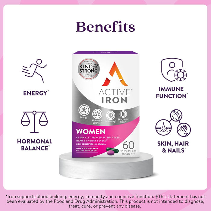 Active Iron Supplement 25mg + Multivitamin for Women – Clinically Proven to Increase Energy & Reduce Tiredness – Gentle, Non-Constipating Iron + Women’s Multivitamin – 30 Capsules + 30 Tablets