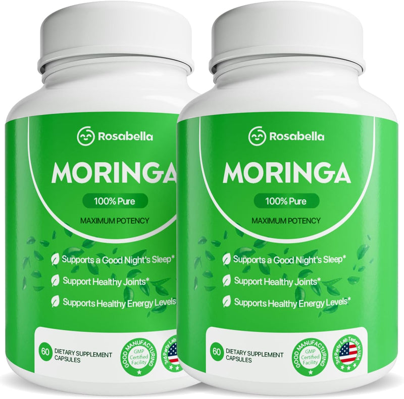 Rosabella Moringa Capsules - Pure Moringa Powder, Energy, Skin, Immune & Gut Health Superfood, Rich in Antioxidants, Essential Vitamins & Amino Acids, Natural Green Superfood Supplement - 60 Count