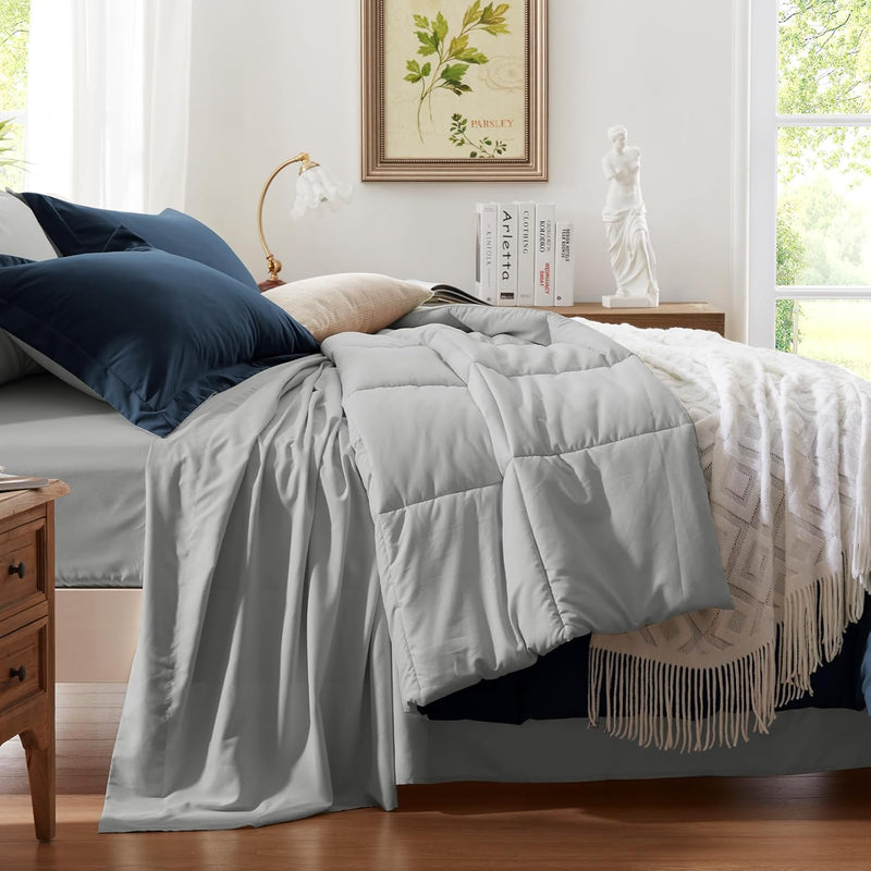 Anluoer Queen Comforter Set 7 Piece, Navy and Grey Bed in a Bag with Sheets