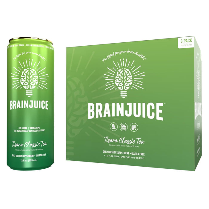 Brainjuice Brain Health Support Drink for Energy & Focus, Vitamin C, B5, B6 & B12, L Theanine, Alpha GPC & Natural Caffeine From Green Tea, Vegan, Gluten Free, Strawberry Lemonade, 12 Oz Can, 6 Pack