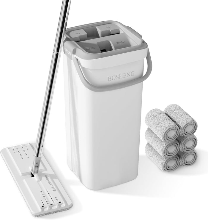 Mop and Bucket with Wringer Set, Flat Floor Mop and Bucket, with 3 Microfiber Mops for Floor Cleaning, Wet and Dry Use for Household Cleaning - White